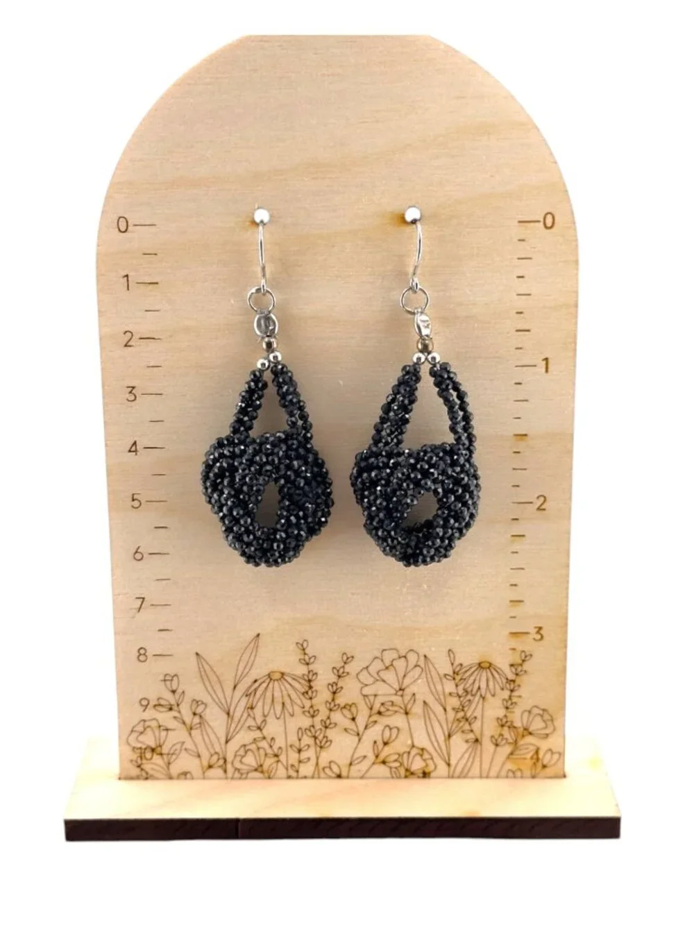Vintage Black Faceted Beaded Earrings Elegant Openwork Sculptural Dangle 2.5